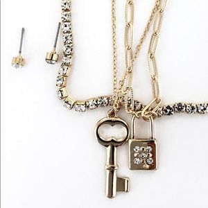 CRYSTAL GOLDTONE LOCK & KEY NECKLACE EARRING SET